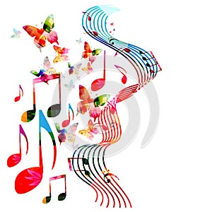 Music notes background. Colorful stave with music notes and butterflies isolated vector illustration