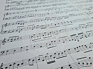 Music notes background. Musical concept macro view of white score sheet music