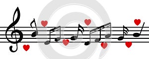 Music notes background, musical notes with hearts - vector