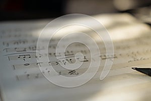 Music notes background: score piano, close up