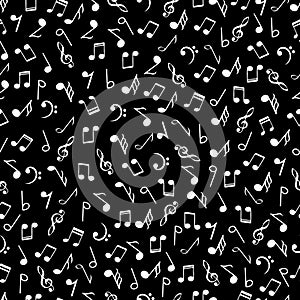 Music notes black and white seamless pattern. White colors simbols on black background. Abstract vector texture musical