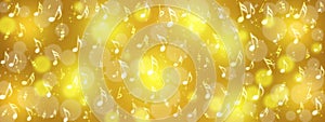 Music Notes, Bokeh and Sparkles in Golden Background Banner
