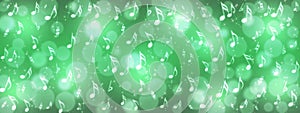 Music Notes, Bokeh and Sparkles in Shining Green Background Banner