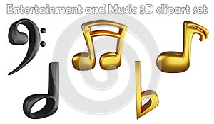 Music notes clipart element ,3D render entertainment and music concept isolated on white background icon set