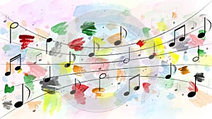 Music Notes in Colorful Watercolor Spatters and Splashes Background