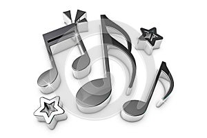 Music Notes Concept - Silver Metallic 3D Illustration Isolated On White Background