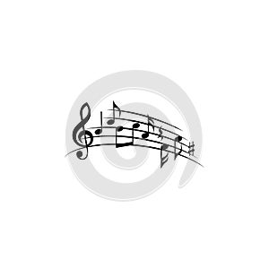 Music notes with curved staff. Black isolated vector.