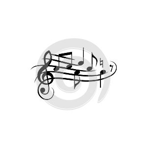 Music notes with curved staff. Black isolated vector.