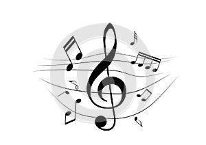 Music notes with curves, swirls vector illustration. Melody element design background with sound key