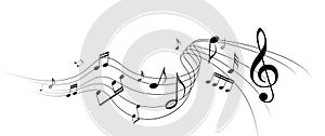 Music notes with curves, swirls vector illustration. Melody element design background with sound key