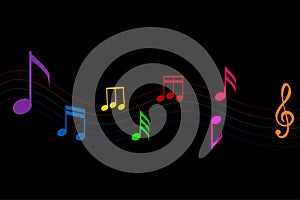 Music notes. Dark music background. Colorful abstract music notes on line wave background