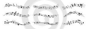 Music notes decoration. Doodle melody tune key symbols flowing on chords, rows of musical crotchets with curves and photo