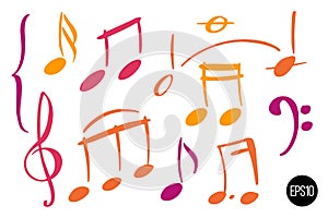 Music notes design elements in doodle style. Sheet music illustration. Hand drawn notes for design.