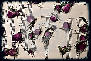 Music notes with the dry rosebuds