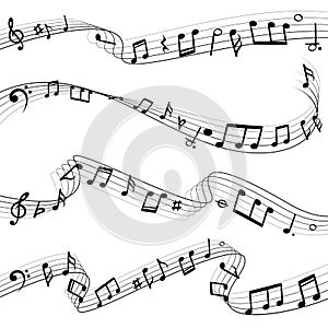 Music notes flowing. Musical note key composition, melody black silhouettes, music waves vector set