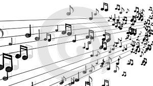 Music notes flowing on white background.