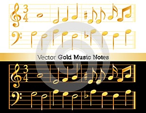 Music Notes, Gold on White and Black Backgrounds