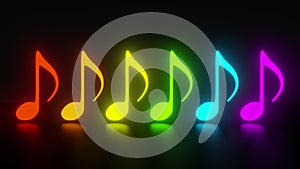 The music notes are gradually light up in color of the rainbow. Abstract neon glowing effect with halo. Concept of music, party an