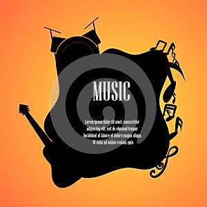 Music notes guitar and drumset with space for text back