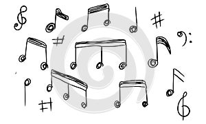 Music notes hand drawn and doodle design set. Sketch of melody and musical symbols in black silhouette style. Collection of