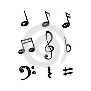 Music notes hand drawn vector design isolated on white background. Set of music notes icon design in doodle style