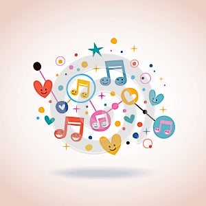 Music notes, hearts and dots abstract art illustration