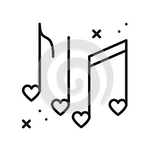 Music notes with hearts line icon. Disco, dance, nightlife, club, party theme. Happy Valentine day sign and symbol.