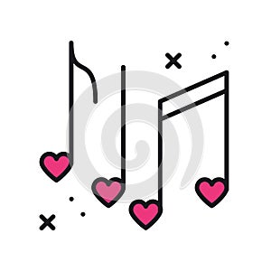 Music notes with hearts line icon. Disco, dance, nightlife, club, party theme. Happy Valentine day sign and symbol.