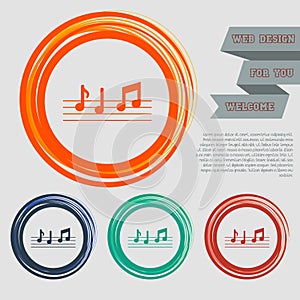 Music notes icon on the red, blue, green, orange buttons for your website and design with space text.