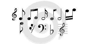 Music notes icons set. Black notes symbol on white background - stock vector