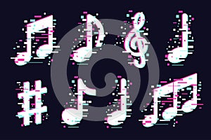 Music notes icons set. Vector musical signs. Modern sound concept, trendy illustration. Glitch style symbols collection.