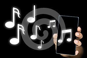 Music notes issuing from an mp3 player or mobile