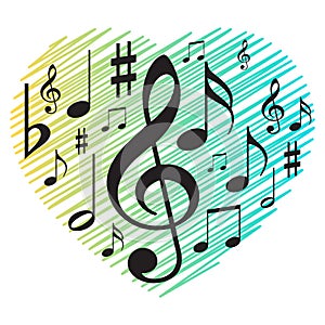 Music notes with love heart lines background