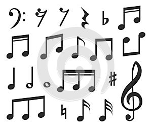 Music notes. Musical melody black note icons. Modern graphic elements for musicals, instrumental scores or songs