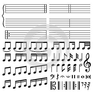 Music notes. Musical melody notation, note tone and treble clef swirl shape. Notes icons vector set