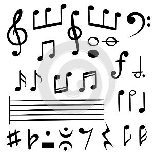 Music notes. Musical note key silhouette, treble clef sound melody art vector symbols photo