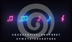 Music notes neon template. Musical notes glowing sign