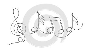 Music notes One line drawing on white background