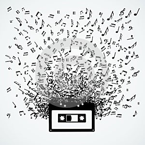 Music notes out of a cassette isolated design photo