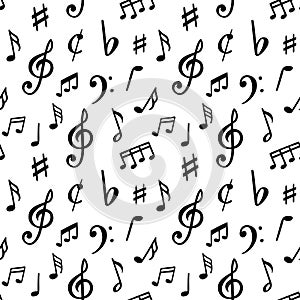 Music notes pattern. Seamless song notation sheet symbols, abstract musically note vector illustration