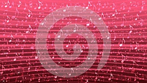 Music Notes in Red Gradient Background with Shining Sparkles, Dots and Lines Texture