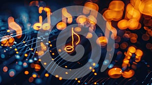 Music notes and signs converge to form melody on abstract dark backdrop. Musical banner. Ai Generated