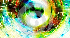Music notes and silhouette of music speaker in space with stars. abstract color background. Music concept.