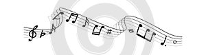 Music notes silhouettes. Musical swirl waves composition with lines vector illustration