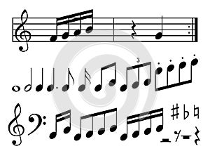 Music notes silhouettes. Treble and bass clefs, musical rulers, graphic piece writing, sound classic melody art, black