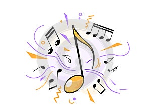 Music notes, song, melody, tune vector illustration. Sound elements, color shapes flat modern background