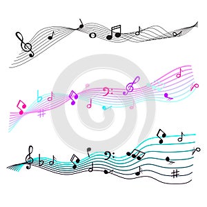 Music notes staff sign symbols. Melody icons vector set.