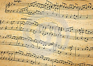 Music notes on stave, old paper background