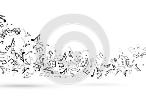 Music notes swirl. Wave with notes musical stave key harmony, symphony melody flowing music staff treble clef vector