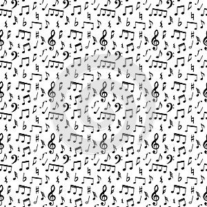 Music notes and symbols seamless pattern design. Fully editable fill and background color.